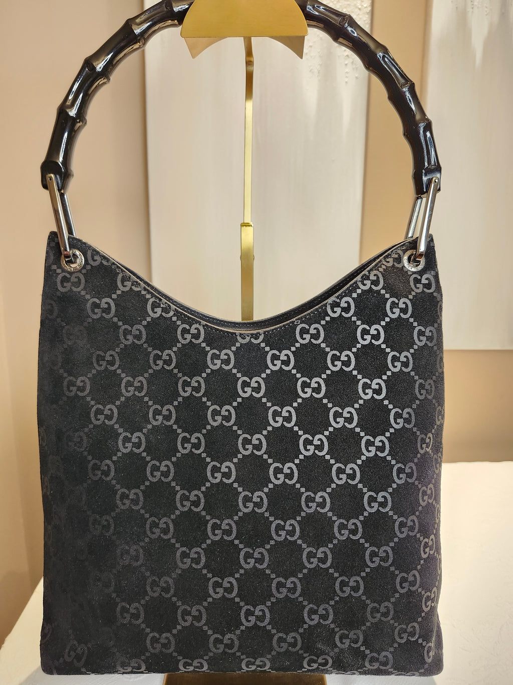 Gucci Black GG Monogram Suede Bamboo Top Handle