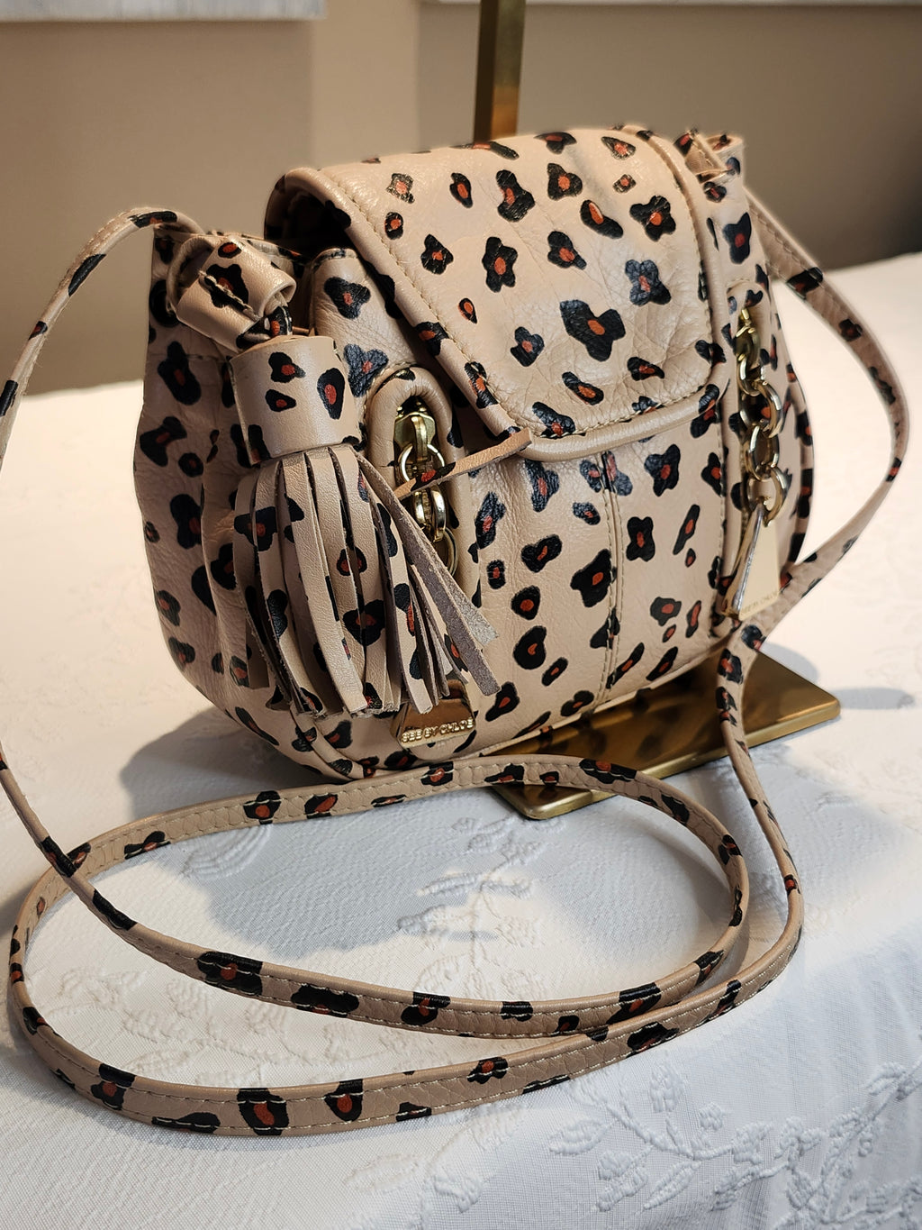 See by Chloe Animal Print Crossbody Hobo Bag with Double Gold Zip Hardware