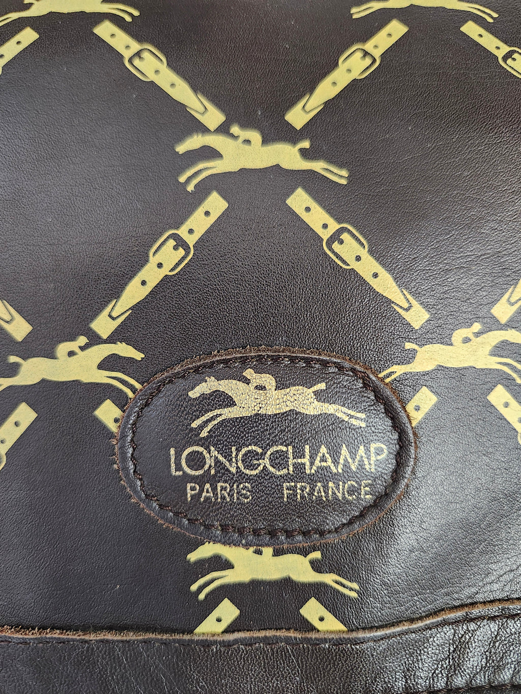 Longchamp Vintage Brown Leather Horse Bit Pattern Shoulder Bag