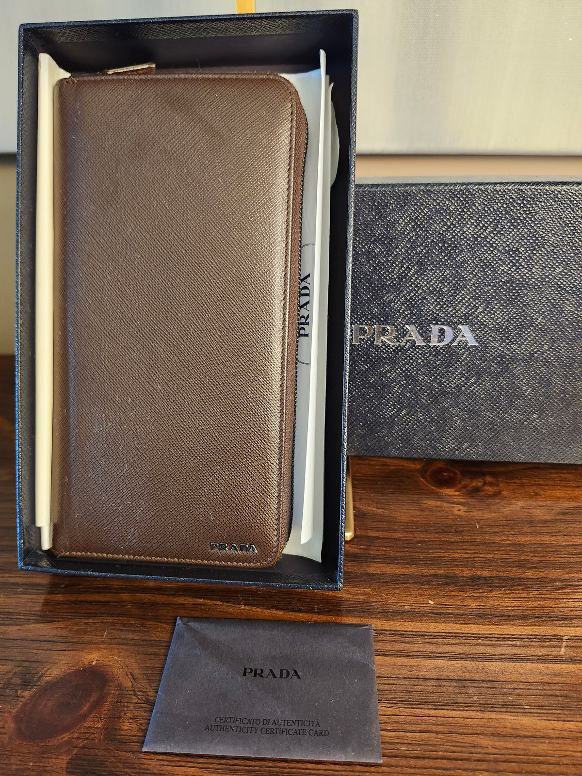 Prada Saffiano Brown Leather Portfolio Wallet with inclusions