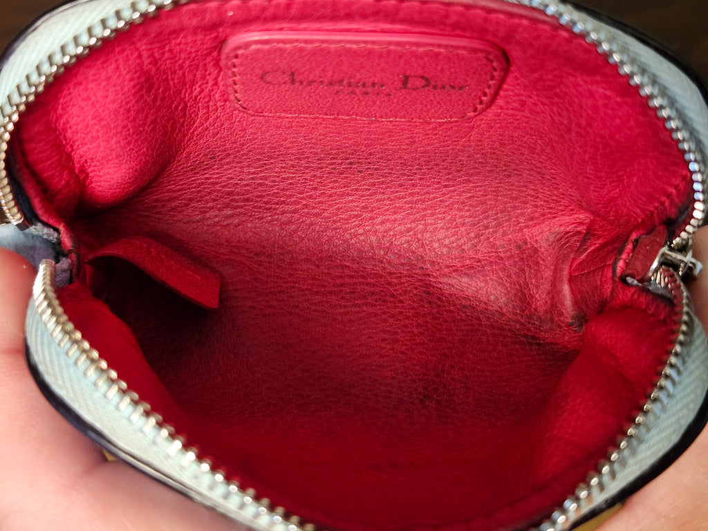 Christian Dior Blue Leather Coin Purse Wallet with Silver Dior Charm Hardware
