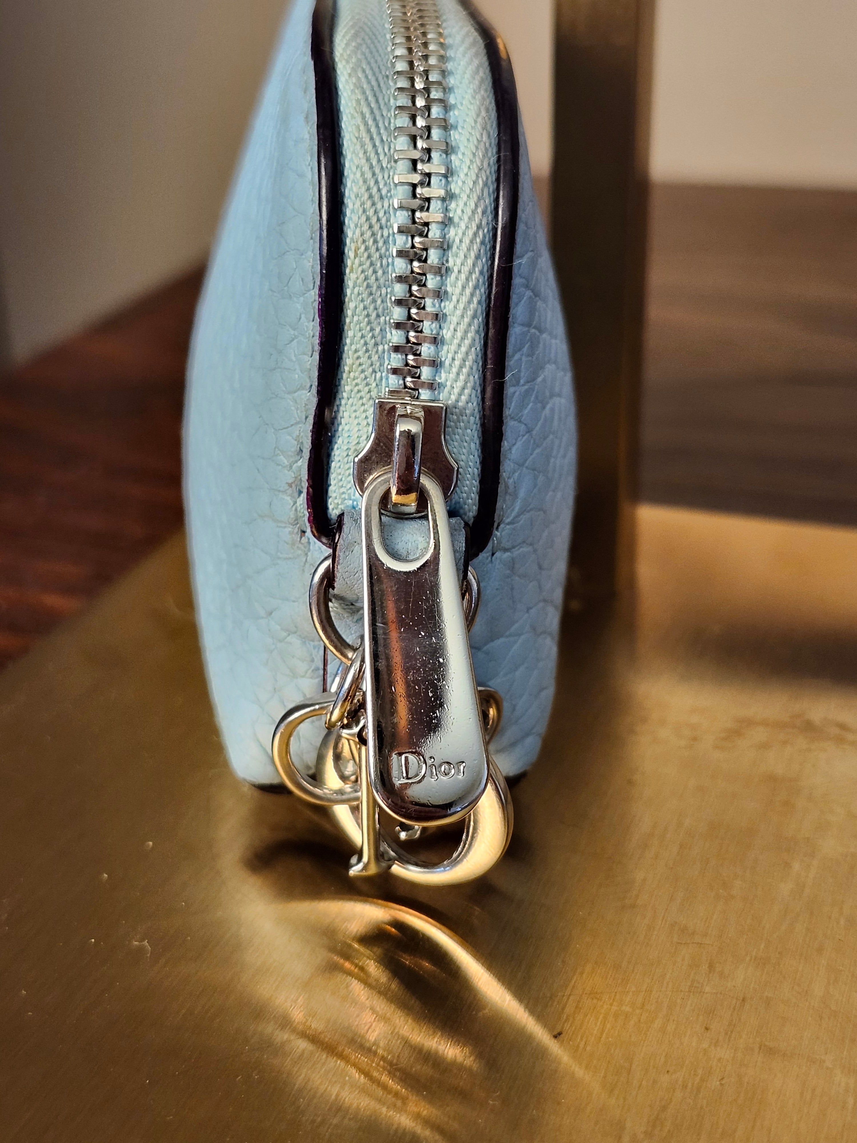 Christian Dior Blue Leather Coin Purse Wallet with Silver Dior Charm Hardware