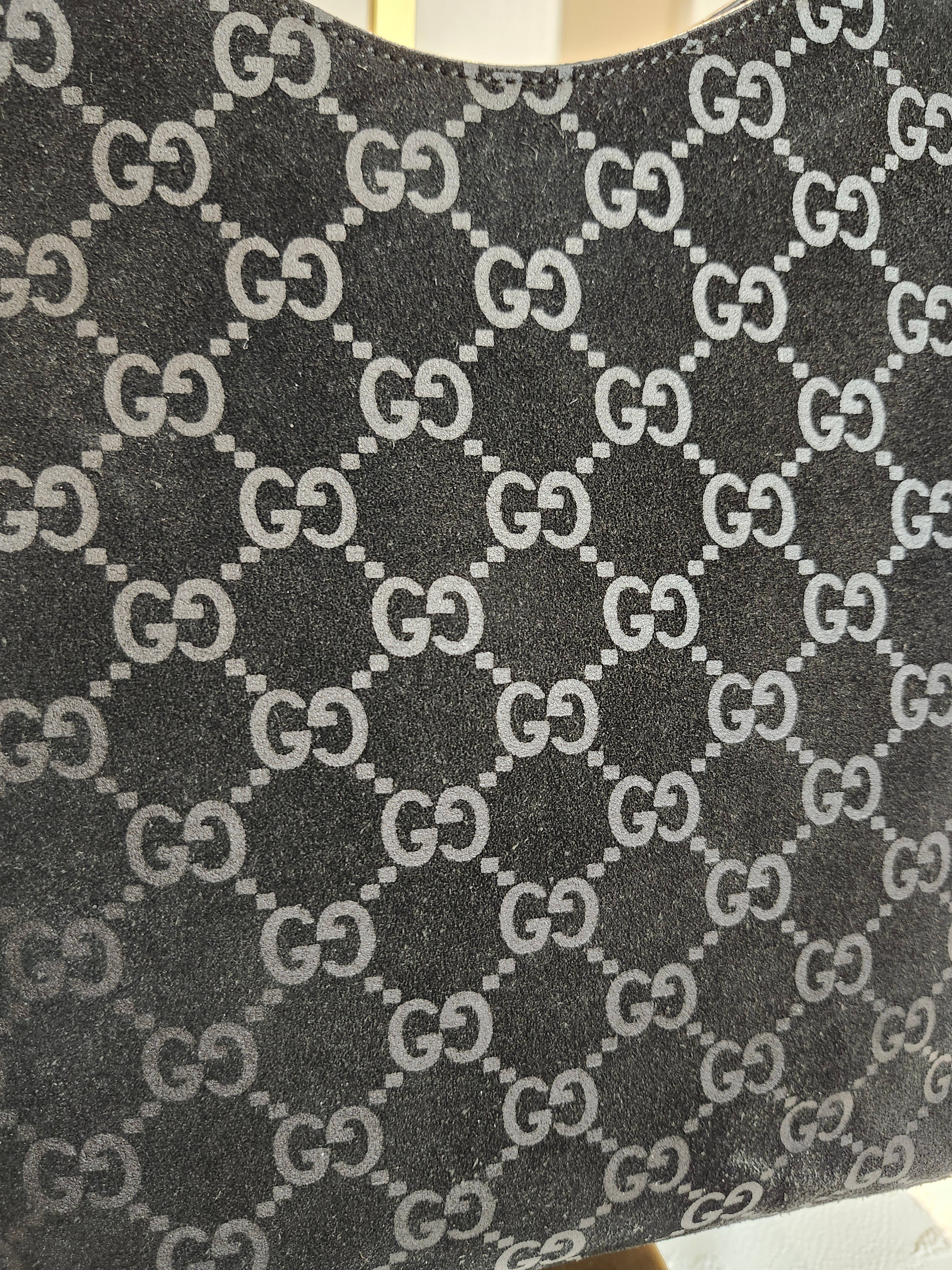 Gucci Black GG Monogram Suede Bamboo Top Handle