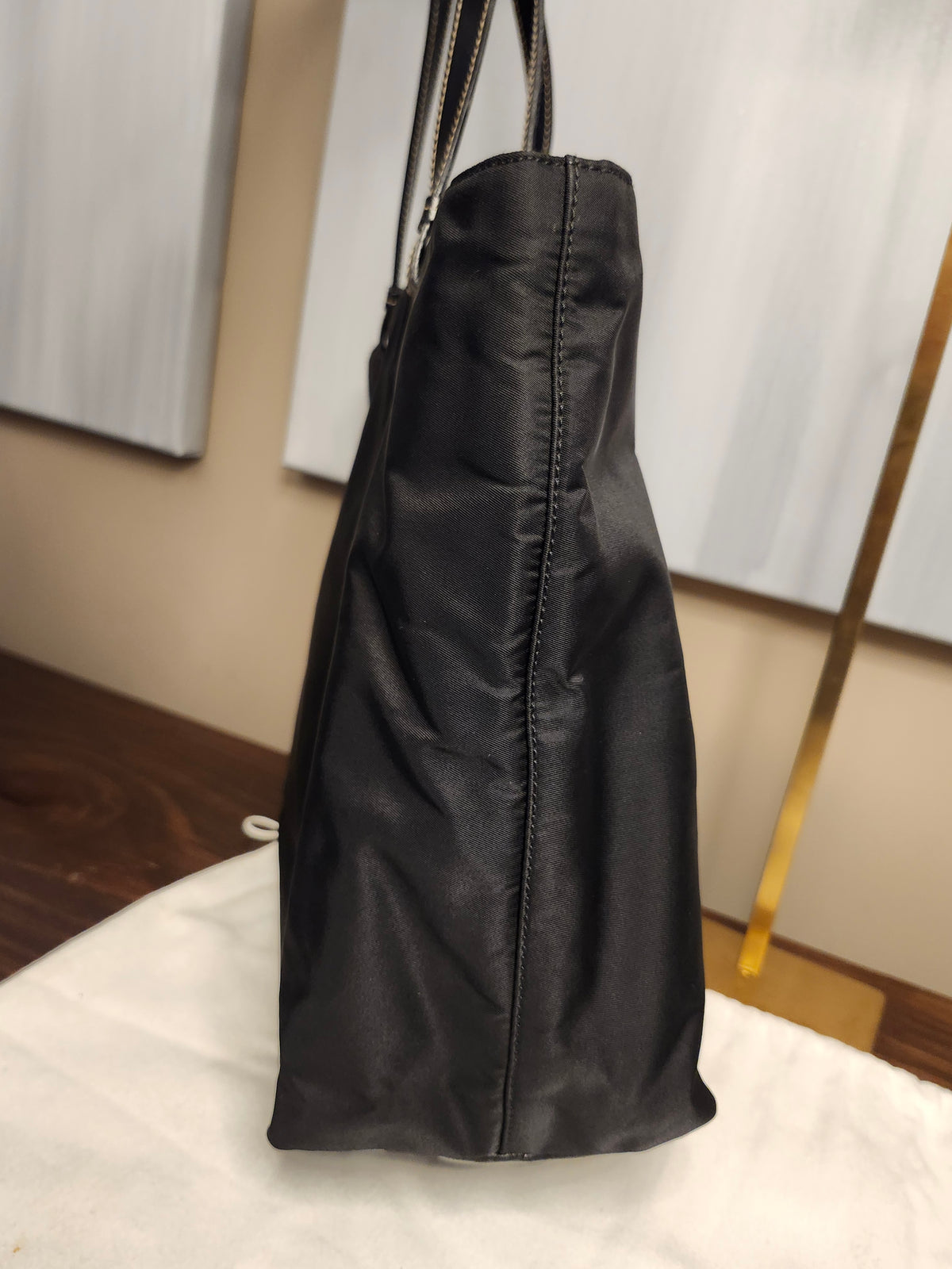 Prada Tessuto Black Nylon Triangle Logo Tote with Leather Accents