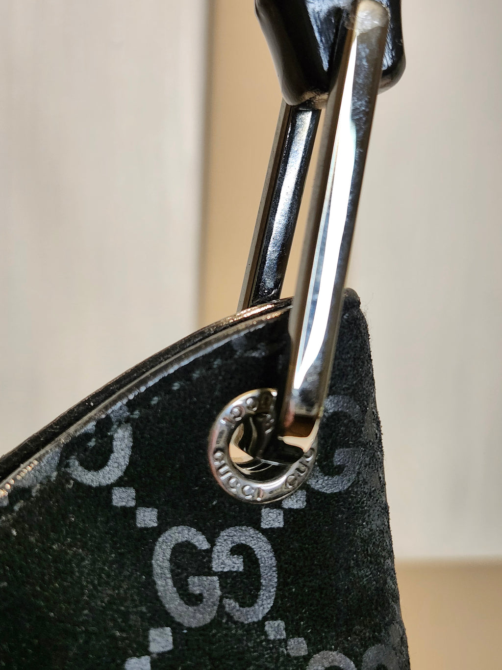 Gucci Black GG Monogram Suede Bamboo Top Handle